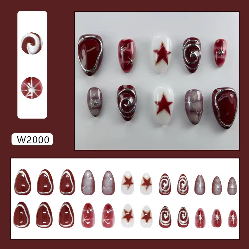 24Pcs Deep Red Baroque Starry Press-On Almond Nails - Stylish & Wearable Fake Nails for Women
