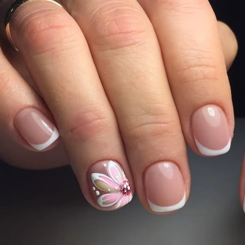 24Pcs Elegant Fairy White Flower Press-On Nails with Pink French Tips - Short Square Design for Effortless DIY Manicure