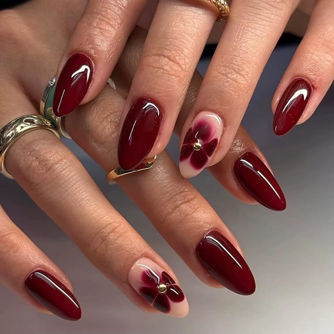 24Pcs Deep Red Baroque Starry Press-On Almond Nails - Stylish & Wearable Fake Nails for Women