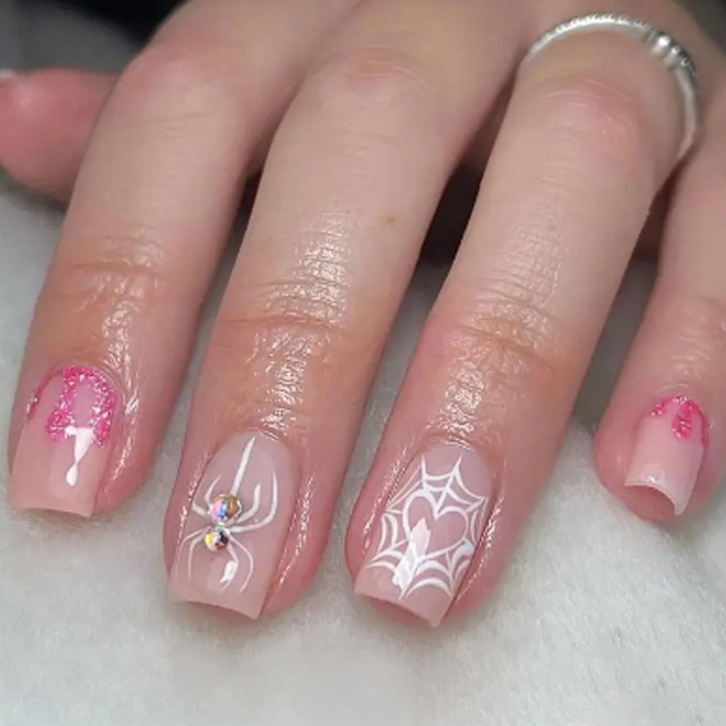 Cute Halloween Press-On Nails - Short Square Acrylic with Glitter Heart & Spiderweb Design - 24Pcs Full Cover Manicure for Women & Girls