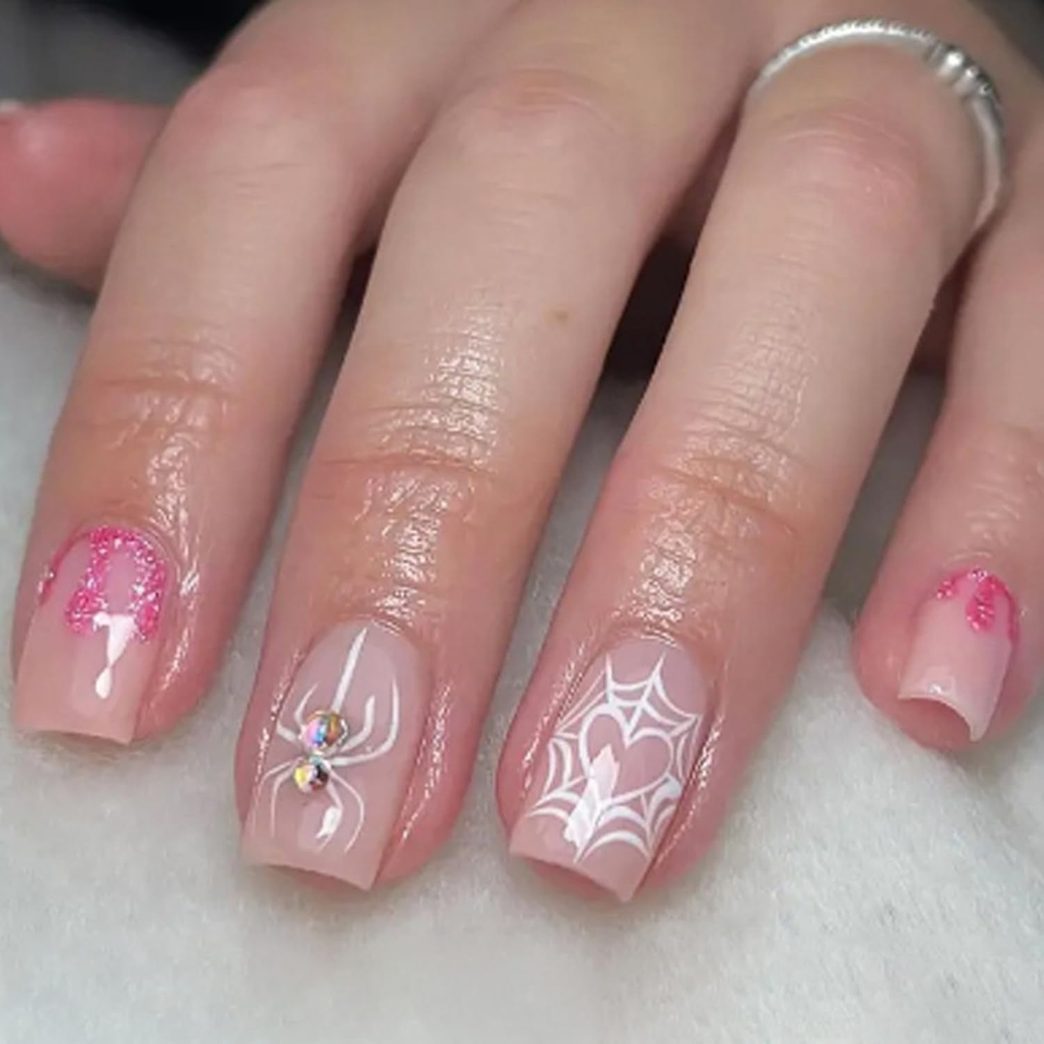 Cute Halloween Press-On Nails - Short Square Acrylic with Glitter Heart & Spiderweb Design - 24Pcs Full Cover Manicure for Women & Girls