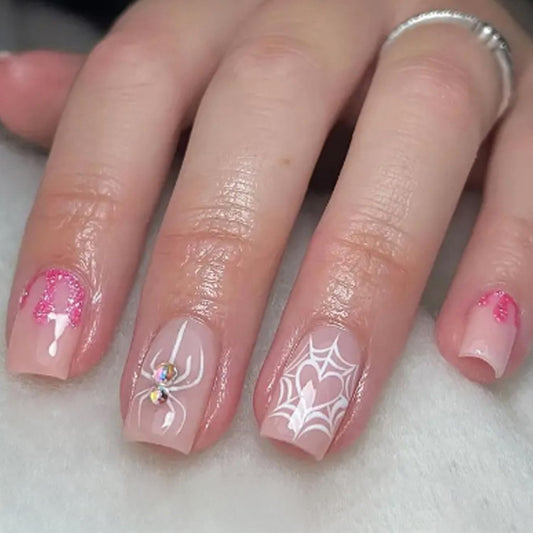 Cute Halloween Press-On Nails - Short Square Acrylic with Glitter Heart & Spiderweb Design - 24Pcs Full Cover Manicure for Women & Girls