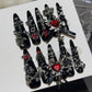 Y2K Menhera Spice Girls Inspired Black & Red Long Tip Handmade Press-On Nails with Cross, Spider, Love, Diamond, and Bow Designs - Cool Dark Nail Art