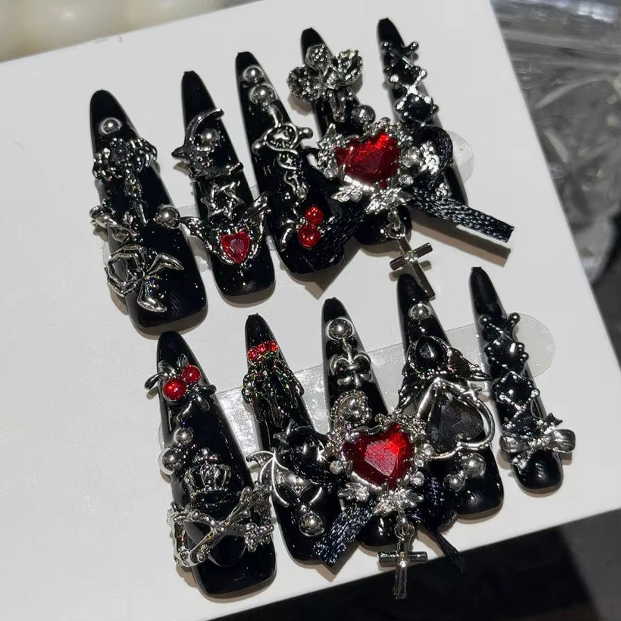 Y2K Menhera Spice Girls Inspired Black & Red Long Tip Handmade Press-On Nails with Cross, Spider, Love, Diamond, and Bow Designs - Cool Dark Nail Art