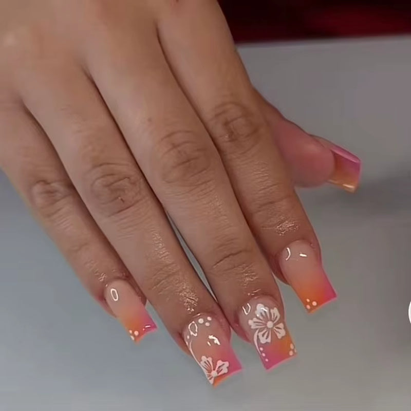 24Pcs Elegant Fairy White Flower Press-On Nails with Pink French Tips - Short Square Design for Effortless DIY Manicure