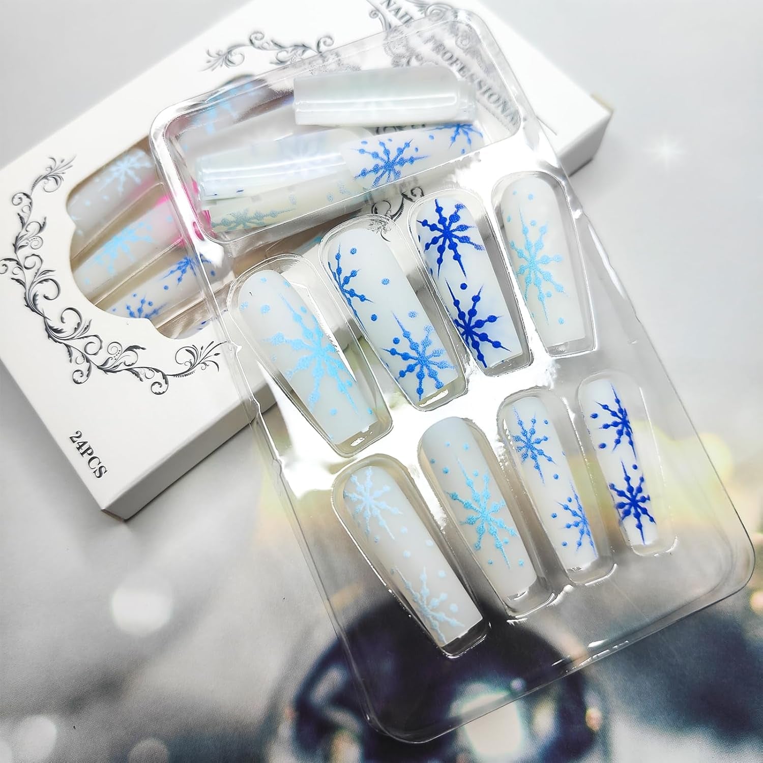 Stunning Blue Snowflake Christmas Press-On Nails - Long Square Matte Coffin Design, 24Pcs Full Cover Acrylic for Festive Manicures