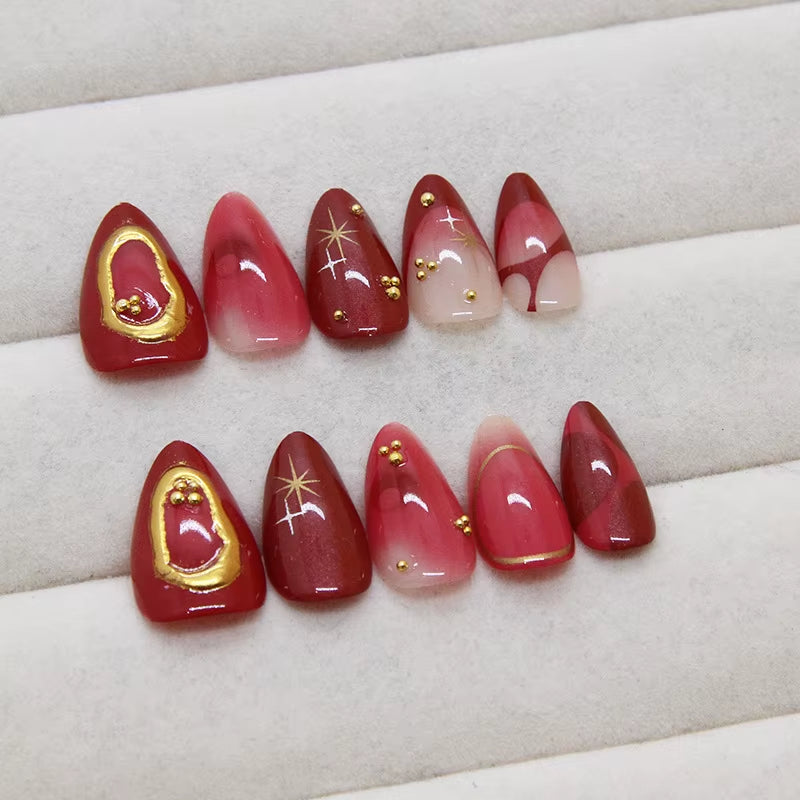 24Pcs Deep Red Baroque Starry Press-On Almond Nails - Stylish & Wearable Fake Nails for Women