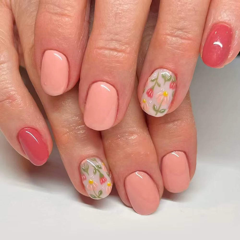 24Pcs Elegant Fairy White Flower Press-On Nails with Pink French Tips - Short Square Design for Effortless DIY Manicure