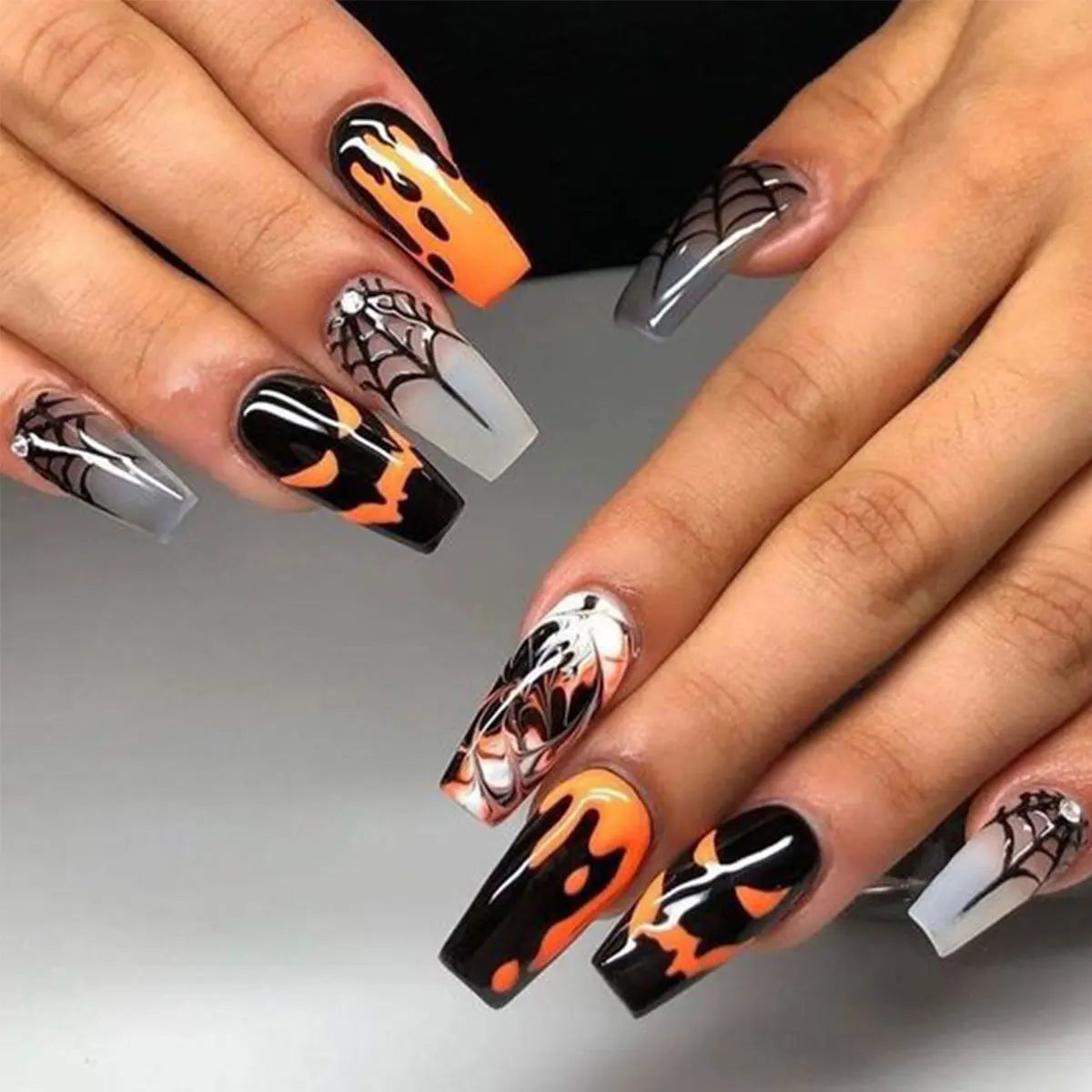 Glamorous 24Pcs Halloween Press-On Nails - Long Ballet Coffin Design with Pearls & French Square Style