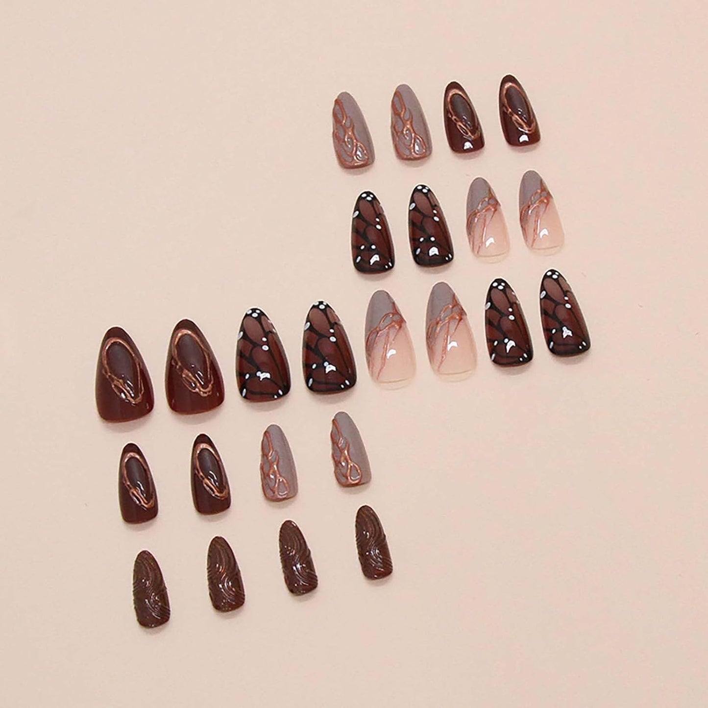 Chic Butterfly Press-On Nails - Medium Almond Brown with Striped Design, 24 Pcs Fall Collection for Women