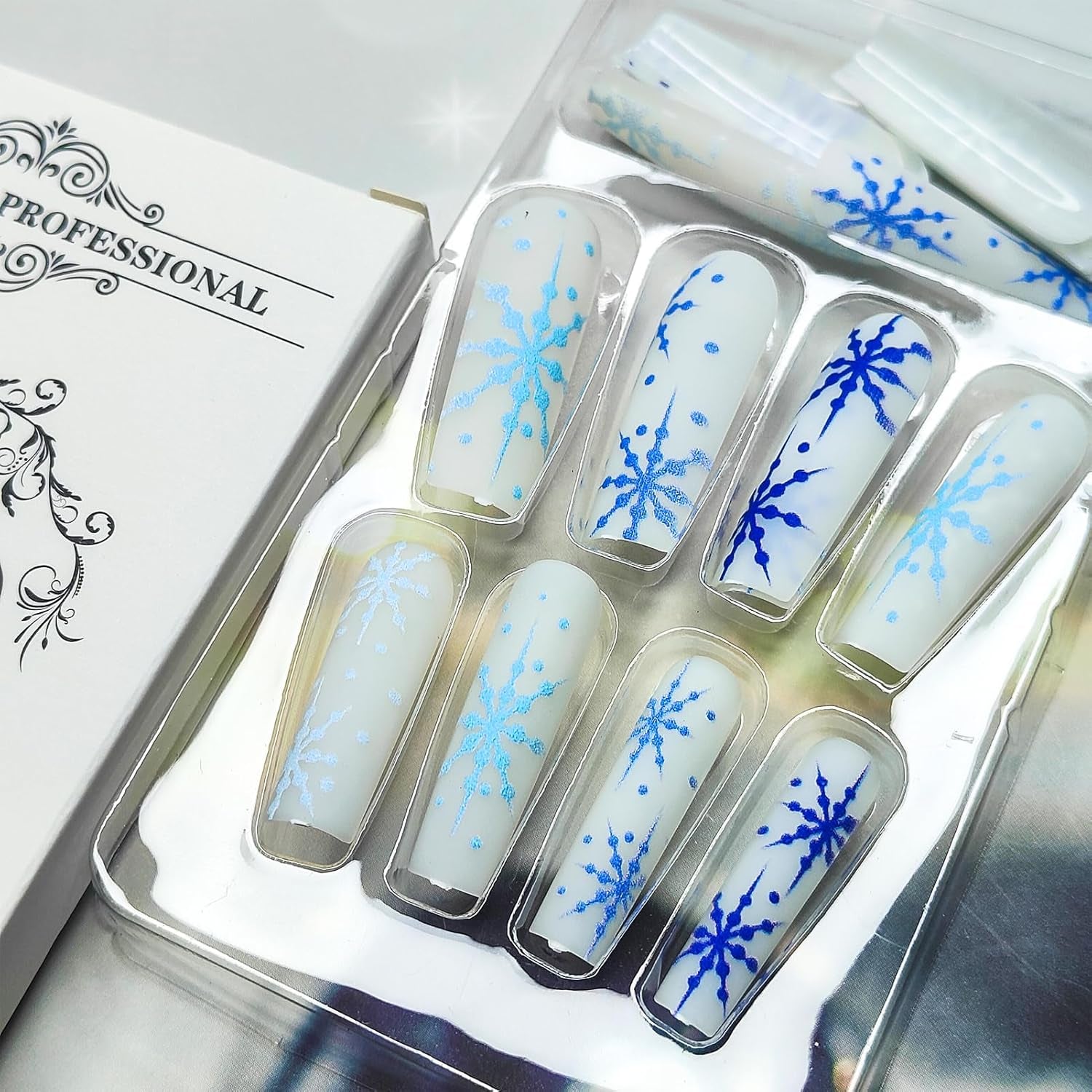 Stunning Blue Snowflake Christmas Press-On Nails - Long Square Matte Coffin Design, 24Pcs Full Cover Acrylic for Festive Manicures