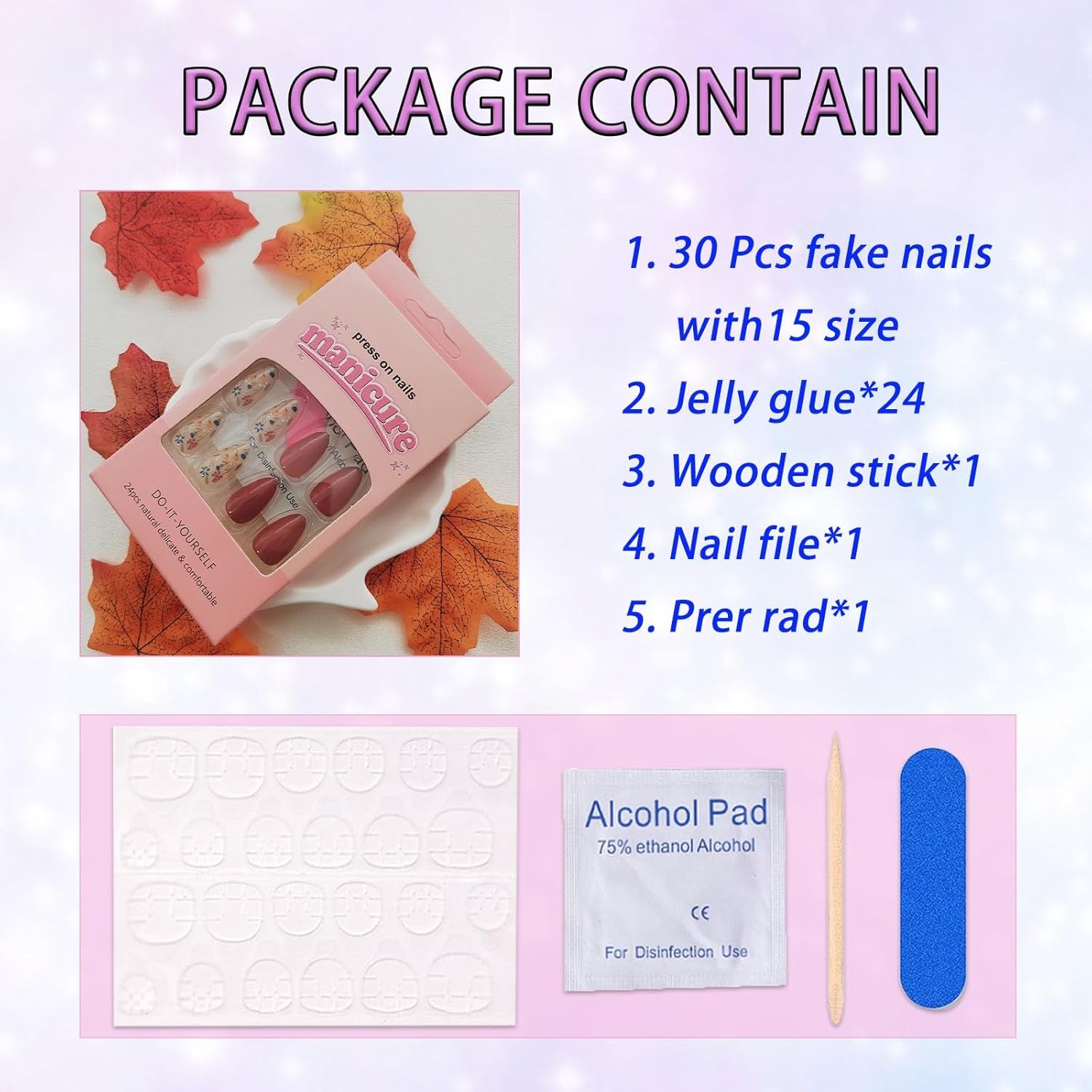 Autumn Floral Press-On Nails - Short Almond Shape, 30 Pcs Brown Full Cover Acrylic Stick-Ons for Women & Girls