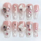 Luxury 24Pcs Butterfly Flower Press-On Nails with Rhinestones - Removable Full Cover Acrylic Fake Nails with Glue