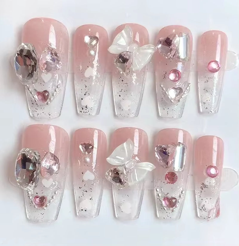 Luxury 24Pcs Butterfly Flower Press-On Nails with Rhinestones - Removable Full Cover Acrylic Fake Nails with Glue