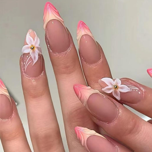 Gorgeous Almond French Tip Press-On Nails - 24Pcs Medium Acrylic with 3D Flower Design, Perfect Nude Finish!