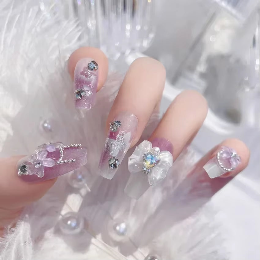 Luxury 24Pcs Butterfly Flower Press-On Nails with Rhinestones - Removable Full Cover Acrylic Fake Nails with Glue
