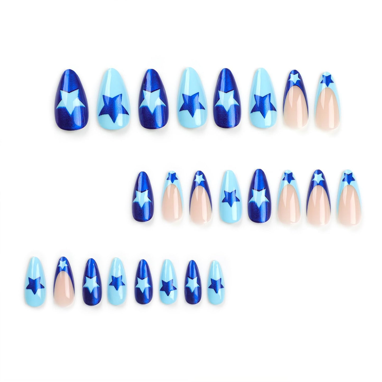 Stunning Blue French Tip Press-On Nails - Medium Almond Shape with Star Designs - 24 Reusable Acrylic Stick-On Nails for Effortless Glam!