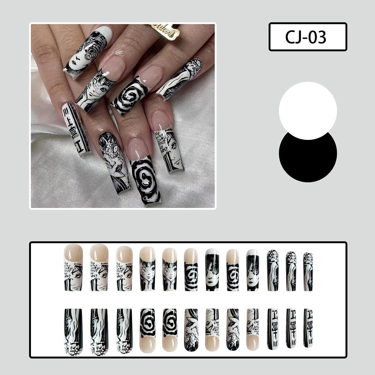 24Pcs Punk Cartoon Anime Design Square French Tip Press-On Nails - Long Black & White Coffin Full Cover Fake Nails for Stylish Manicure Decor