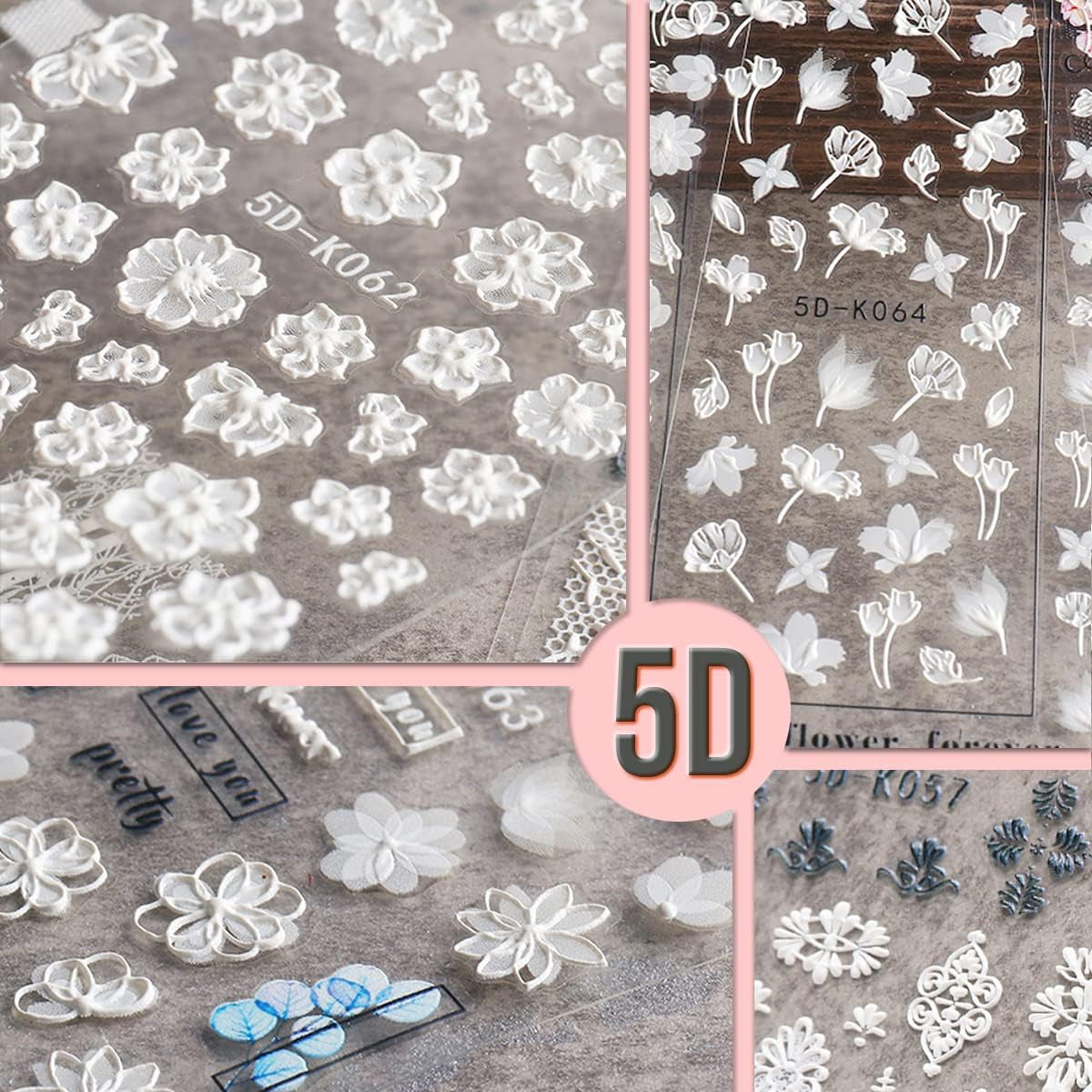 5D Flower Nail Art Sticker Decals Hollow Exquisite Pattern Nail Art Supplies Self-Adhesive Luxurious DIY Nail Art Decoration White Lace Flower Leaf Carving Design