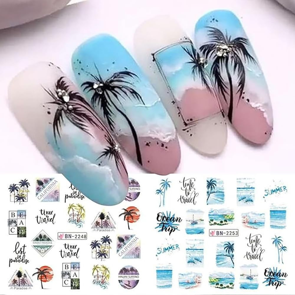 Tropical Paradise Nail Art Stickers - 12 Sheets of Beach, Coconut Tree & Ocean Designs for Stunning Summer Nails