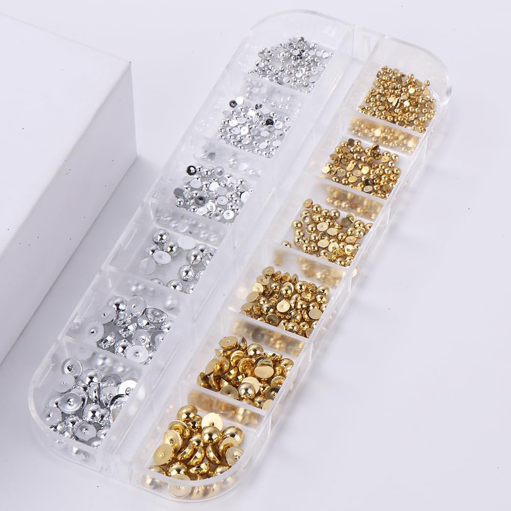 12 Grids of Gold & Silver 3D Half Round Nail Charms - Metal Caviar Beads for Stunning Nail Art Designs