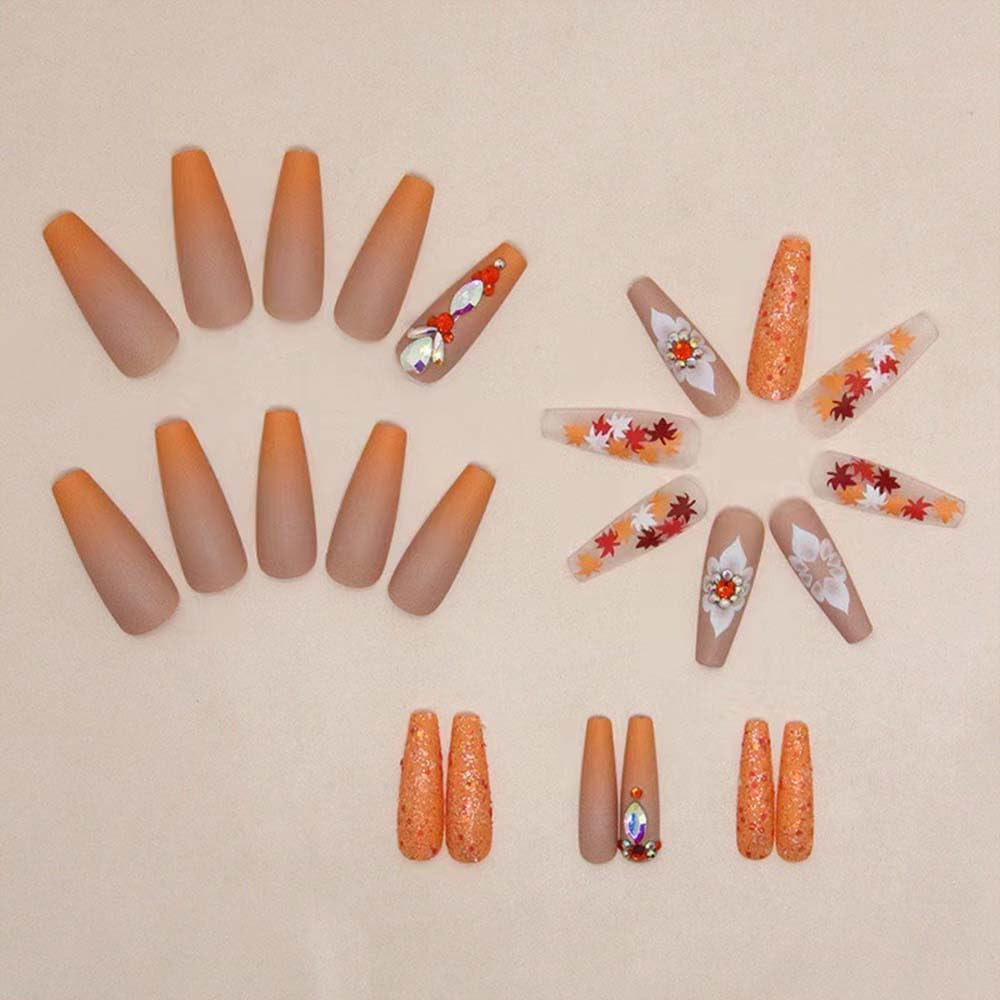 Glamorous Fall Press-On Nails - Long Coffin Design with Glitter Maple Leaf & Rhinestones - Perfect for Thanksgiving!