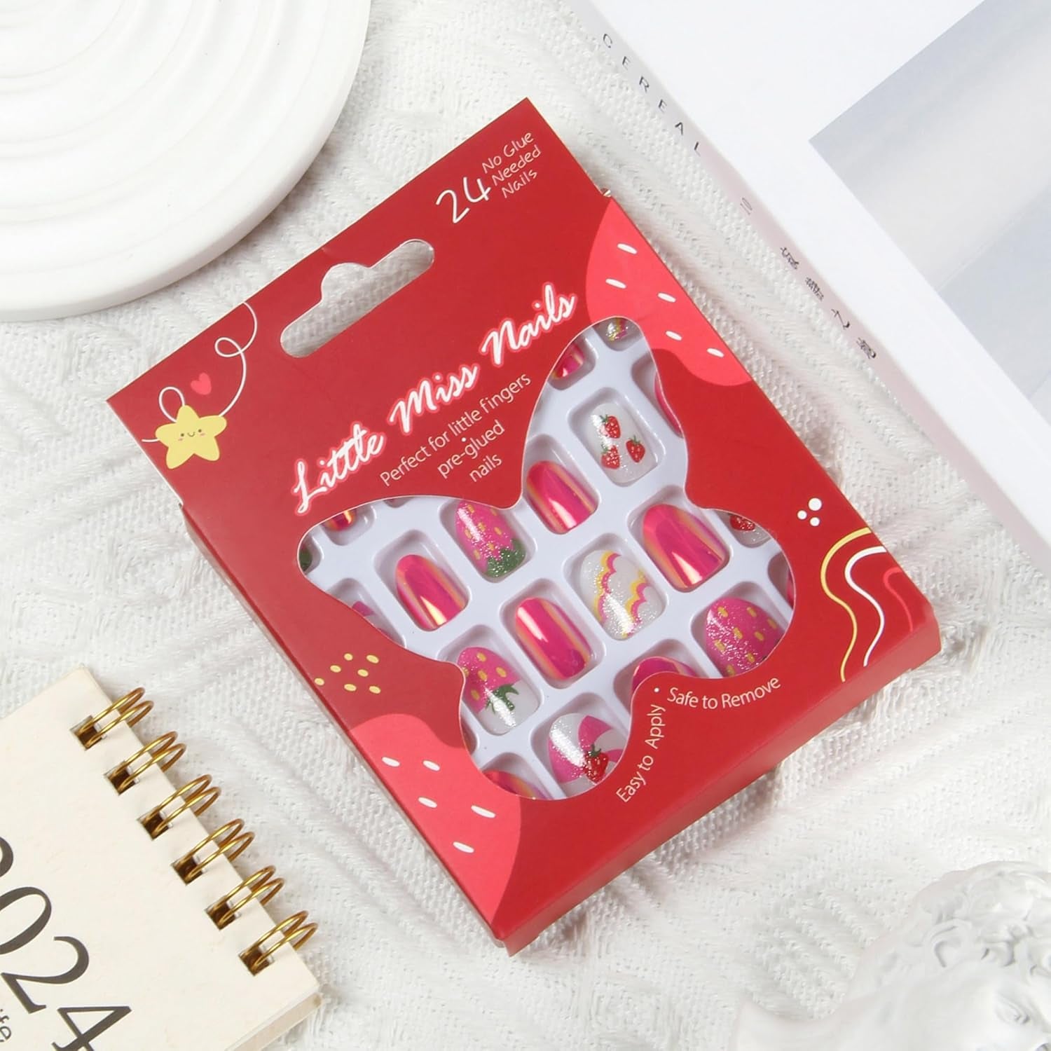 Sweet Strawberry Kids Press-On Nails - Fun Almond-Shaped Fake Nails for Girls - Easy Adhesive Full Cover Short Nail Tips