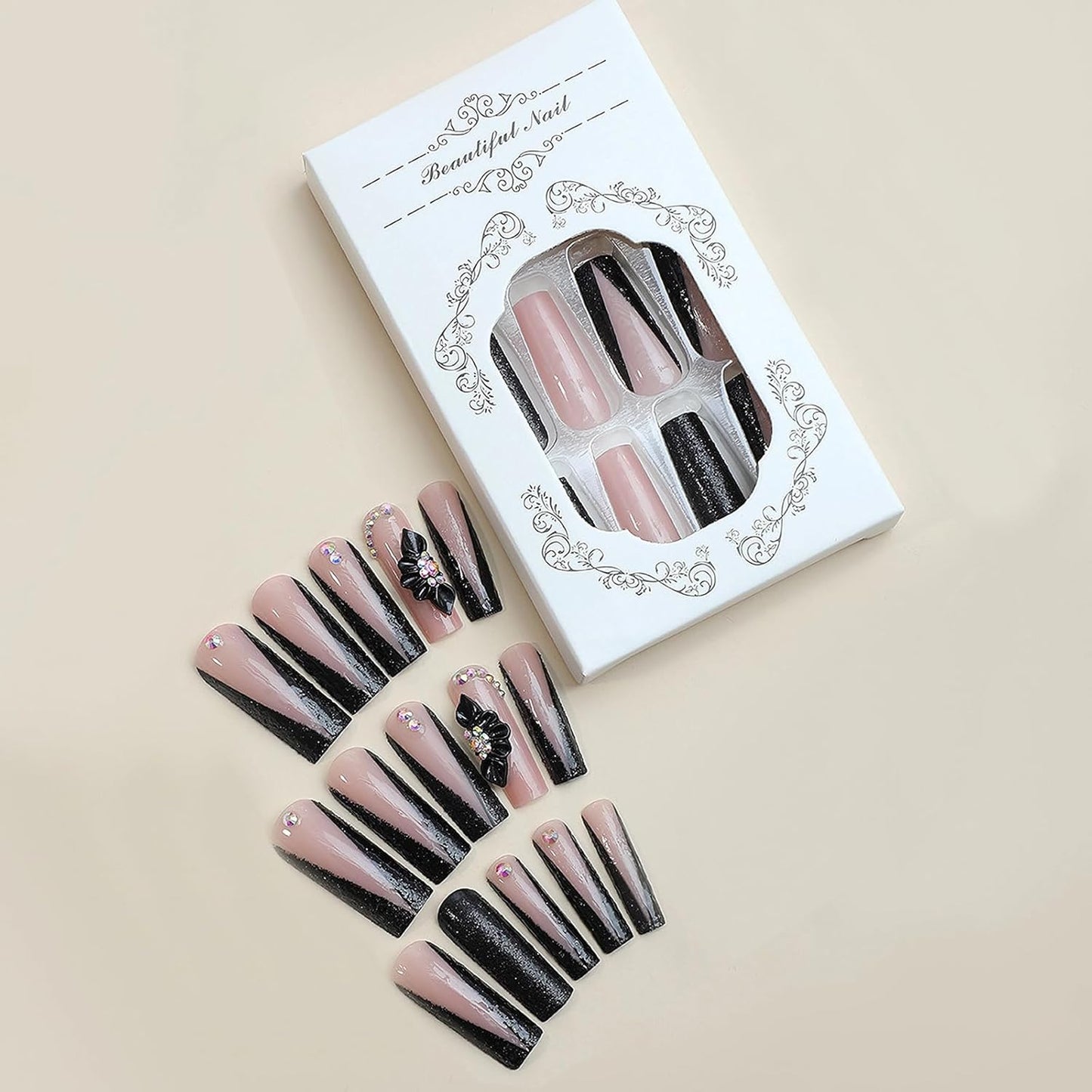 Glamorous Long Square Press-On Nails with Black French Tips & Floral Rhinestone Accents - 24 Pcs Set