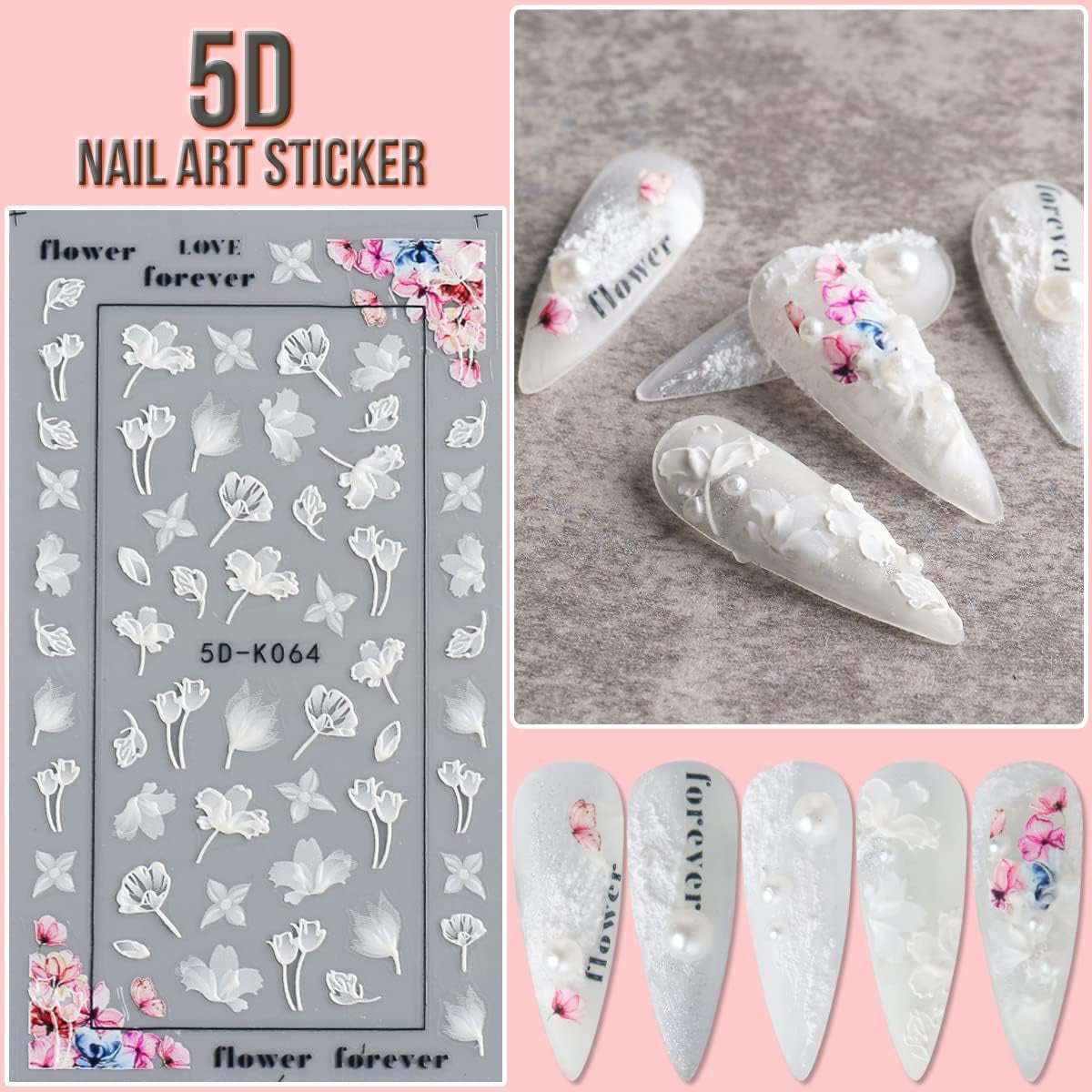 5D Flower Nail Art Sticker Decals Hollow Exquisite Pattern Nail Art Supplies Self-Adhesive Luxurious DIY Nail Art Decoration White Lace Flower Leaf Carving Design