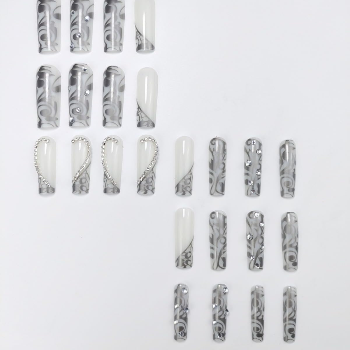 Elegant Silver French Press-On Nails with Rhinestones - 24Pcs Long Square Acrylic Nails for Stunning Manicures