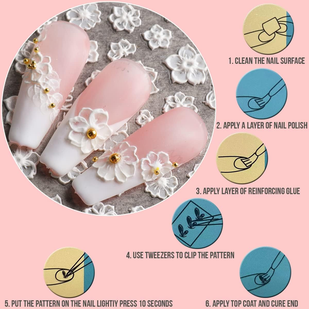 5D Flower Nail Art Sticker Decals Hollow Exquisite Pattern Nail Art Supplies Self-Adhesive Luxurious DIY Nail Art Decoration White Lace Flower Leaf Carving Design