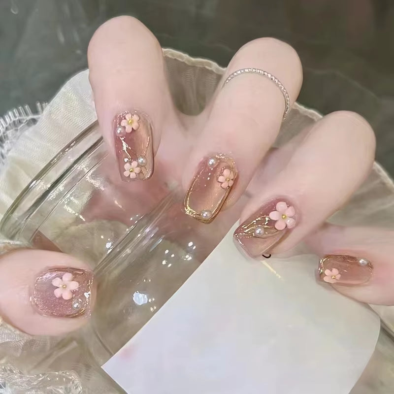 24Pcs Beautiful Floral Design Press-On Acrylic Nails - Fall & Winter Square Ballet Tips