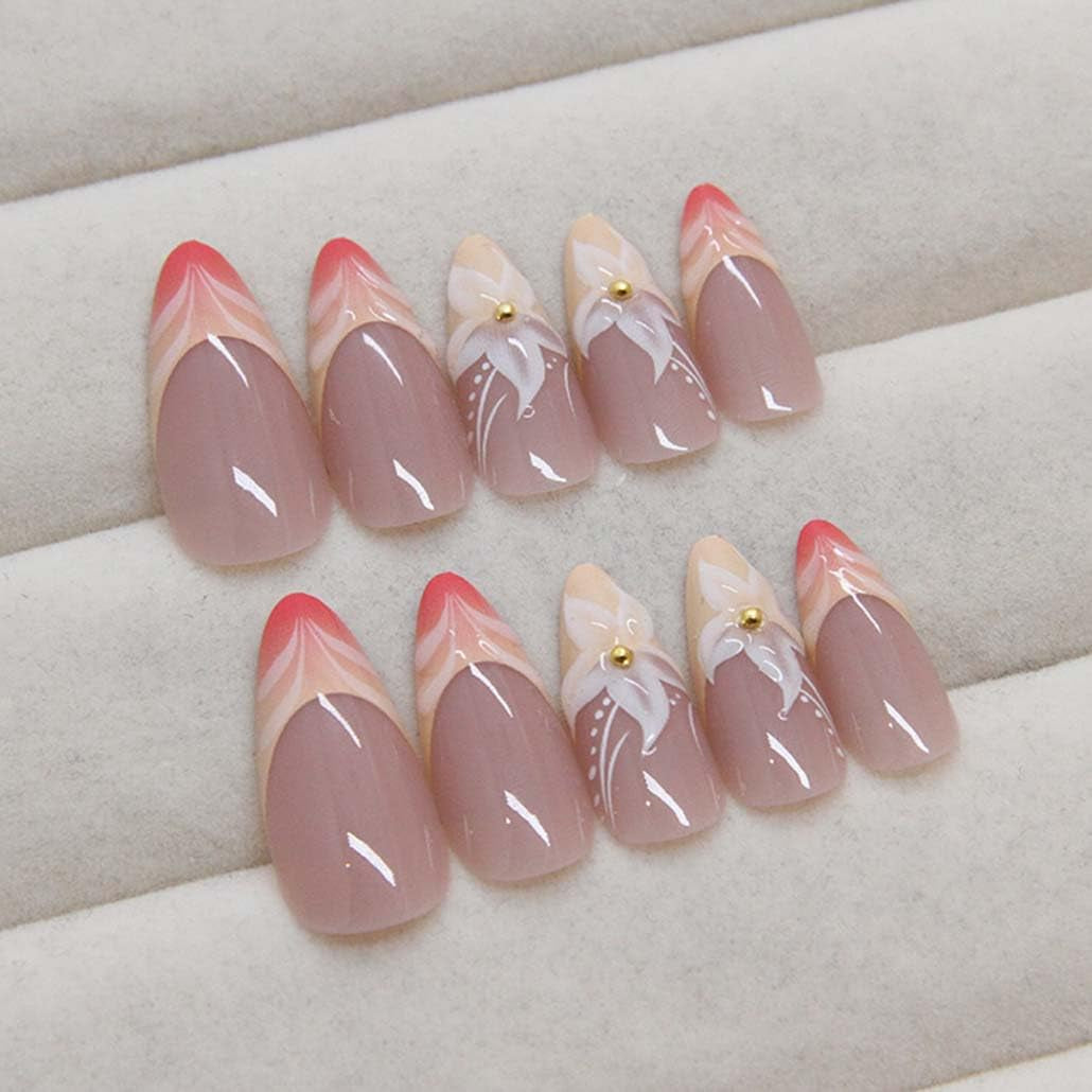 Gorgeous Almond French Tip Press-On Nails - 24Pcs Medium Acrylic with 3D Flower Design, Perfect Nude Finish!