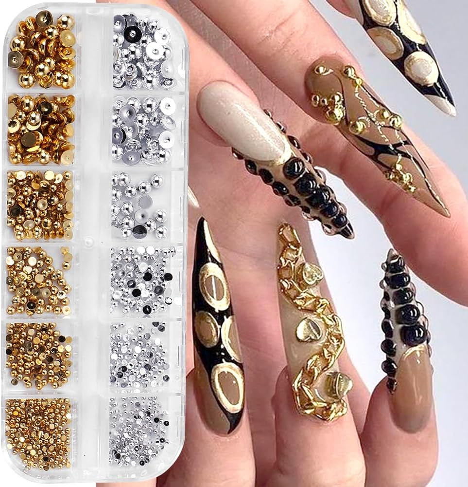 12 Grids of Gold & Silver 3D Half Round Nail Charms - Metal Caviar Beads for Stunning Nail Art Designs