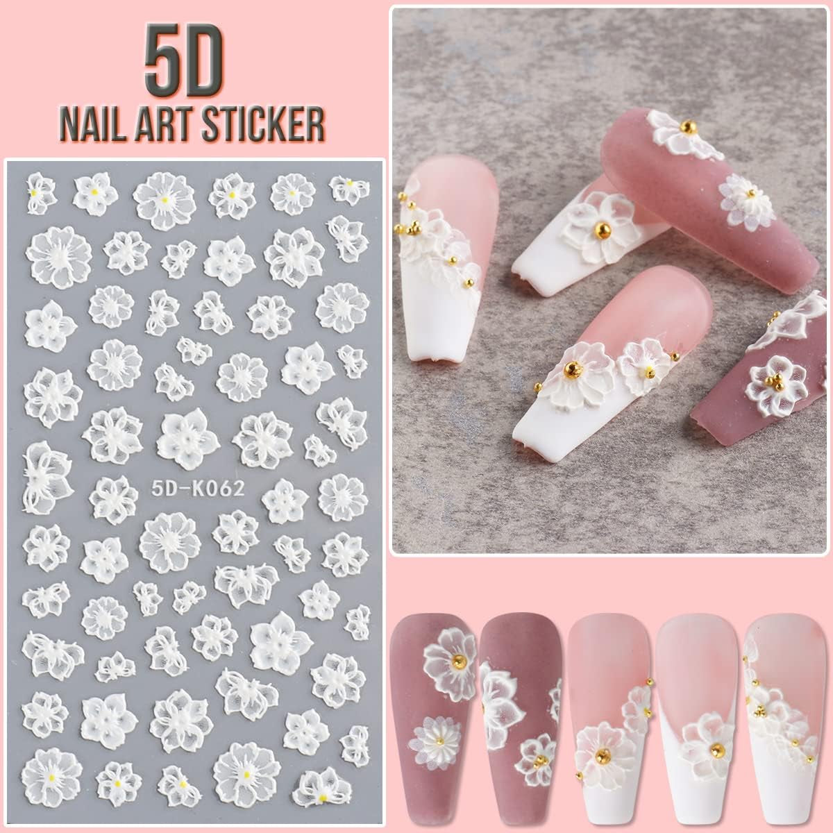 5D Flower Nail Art Sticker Decals Hollow Exquisite Pattern Nail Art Supplies Self-Adhesive Luxurious DIY Nail Art Decoration White Lace Flower Leaf Carving Design
