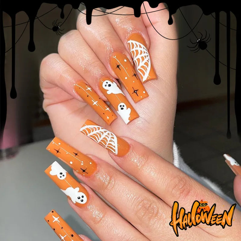 Glamorous 24Pcs Halloween Press-On Nails - Long Ballet Coffin Design with Pearls & French Square Style