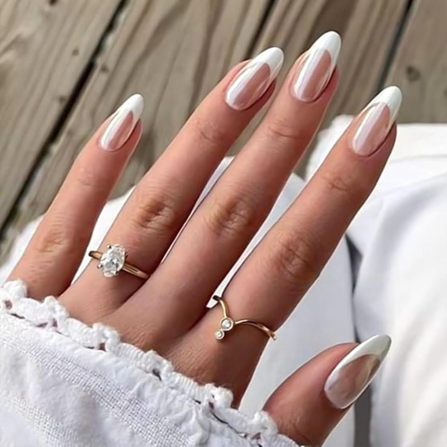 French Tip Chrome Press on Nails Almond Medium Fake Nails with Mirror Designs Glossy Glue on Acrylic Nails Nude Full Cover False Nails for Women