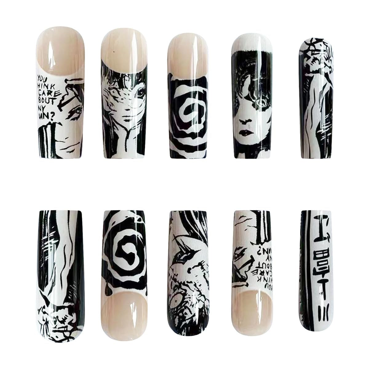 24Pcs Punk Cartoon Anime Design Square French Tip Press-On Nails - Long Black & White Coffin Full Cover Fake Nails for Stylish Manicure Decor