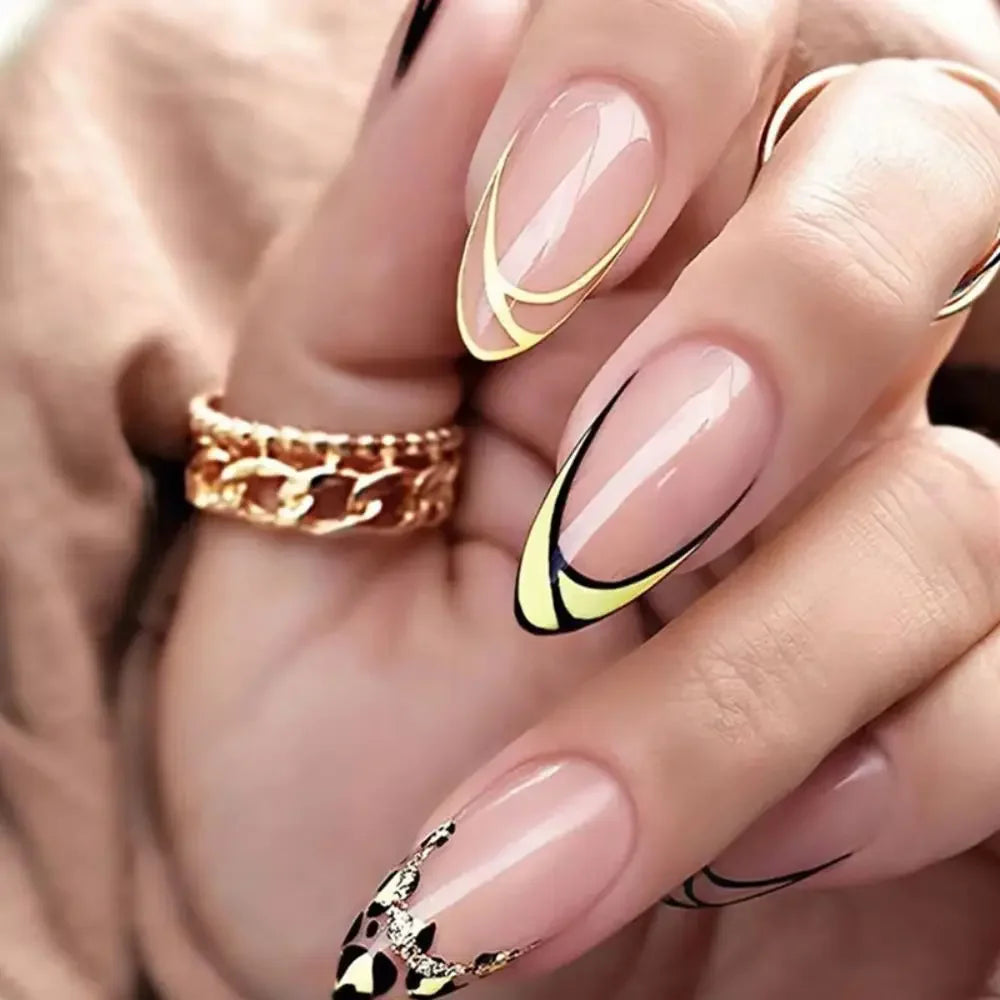 Glamorous Long Stiletto Press-On Nails with Black Edge, Gold Thread, and Rhinestones - Perfect for a Stunning Manicure!