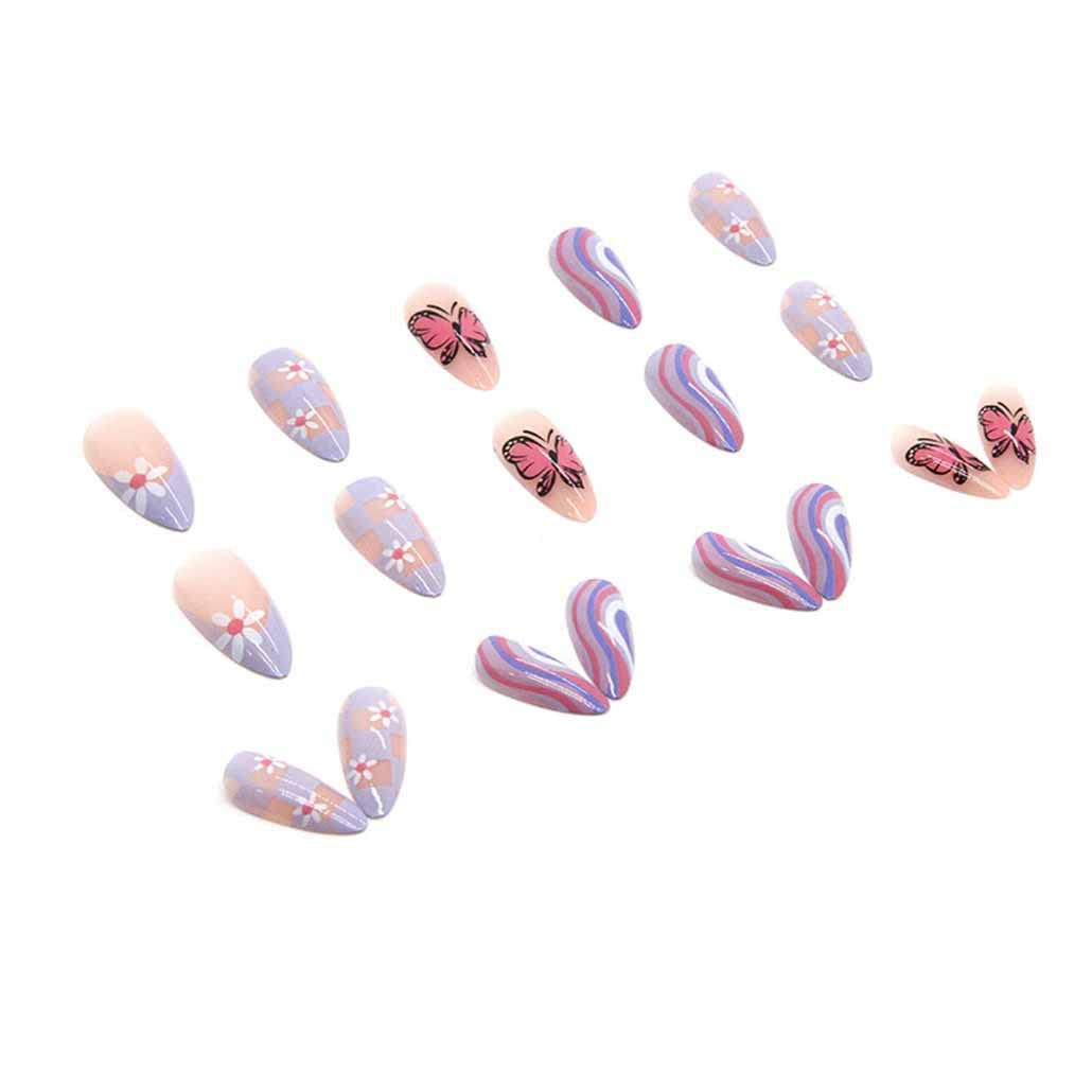 Gorgeous Butterfly Press-On Nails - Medium Almond Shape, 24 Pcs Pink Acrylic False Nails for Women and Girls