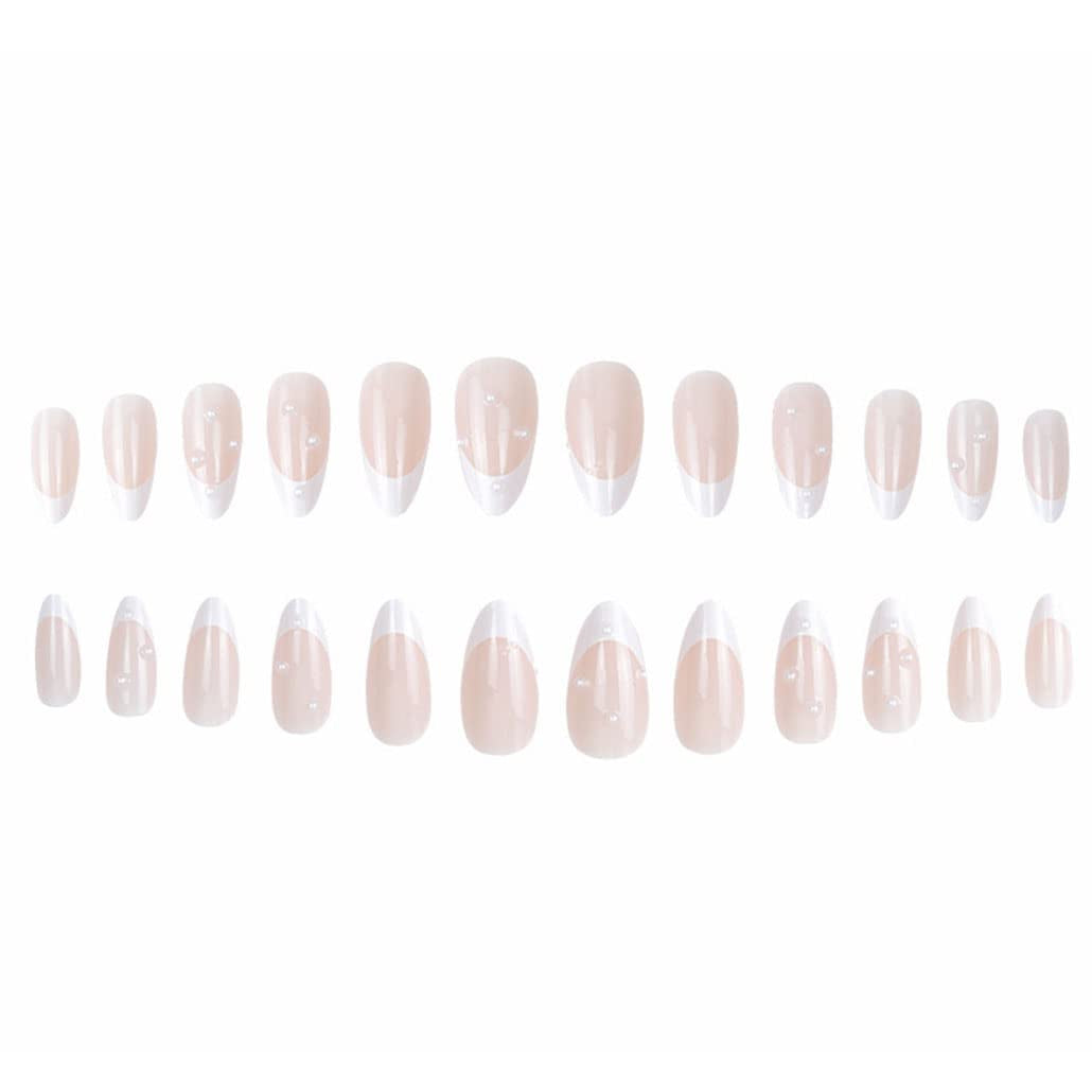 Elegant Pearl White Almond French Press On Nails - 24 Pcs Acrylic False Nails for Women and Girls