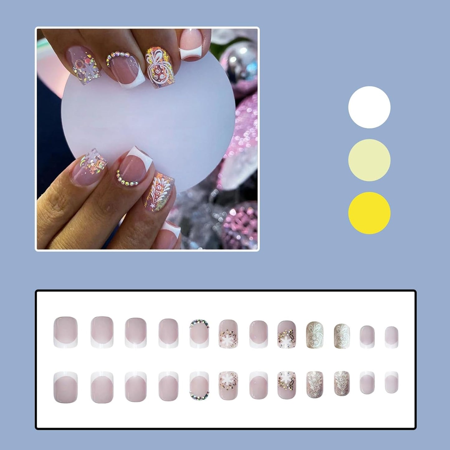 Festive Snowflake 3D Rhinestone Press-On Nails - Short Square Acrylic Christmas Nails with Glitter Sequins & White French Tips - 24 Pcs Full Cover Set for Women