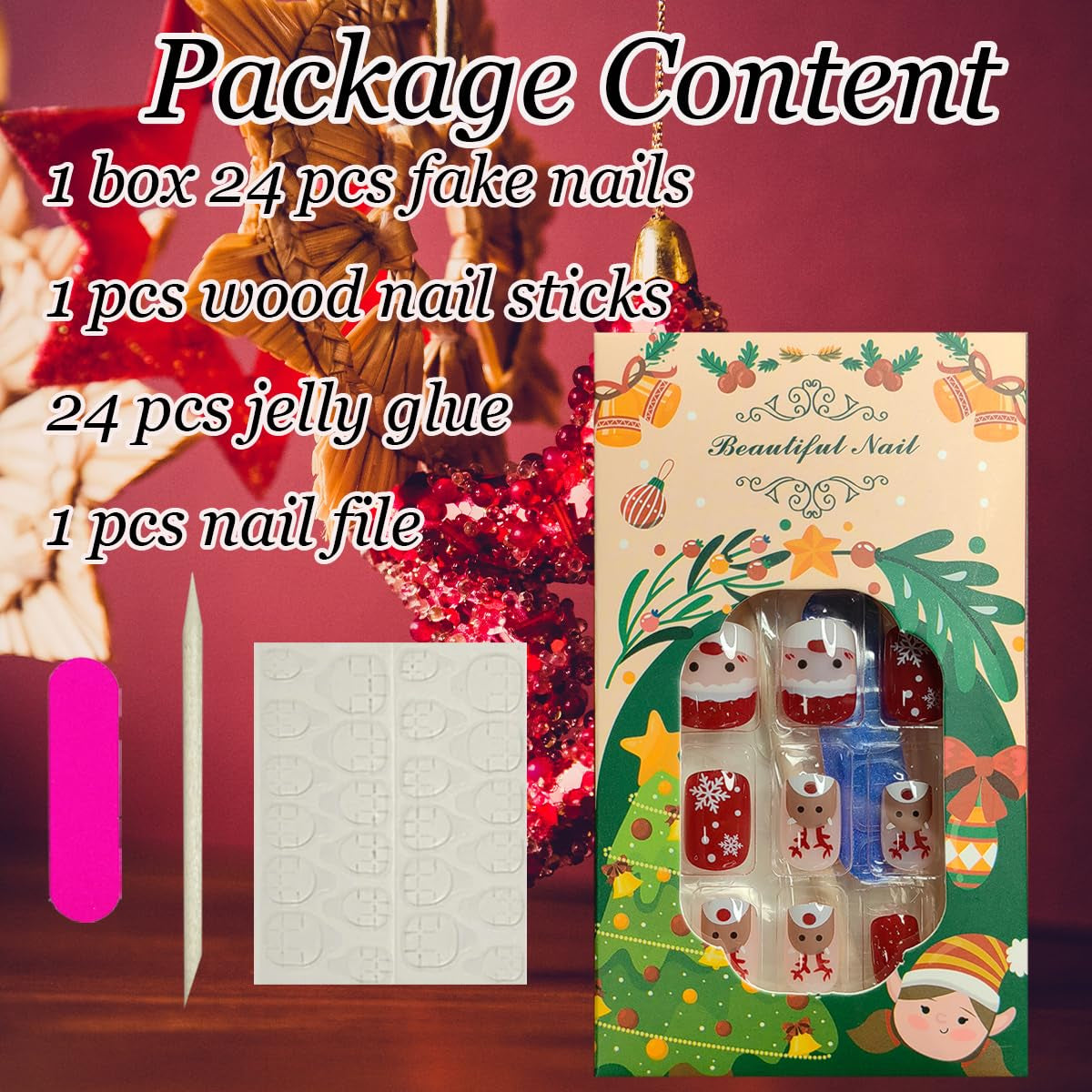 24Pcs Christmas Press on Nails Short Square Fake Nails Santa Claus Full Cover Glue on Nails with Cute Elk Snowflake Design Glossy Stick on Nail Red Coffin Acrylic False Nails for Women Christmas Decor