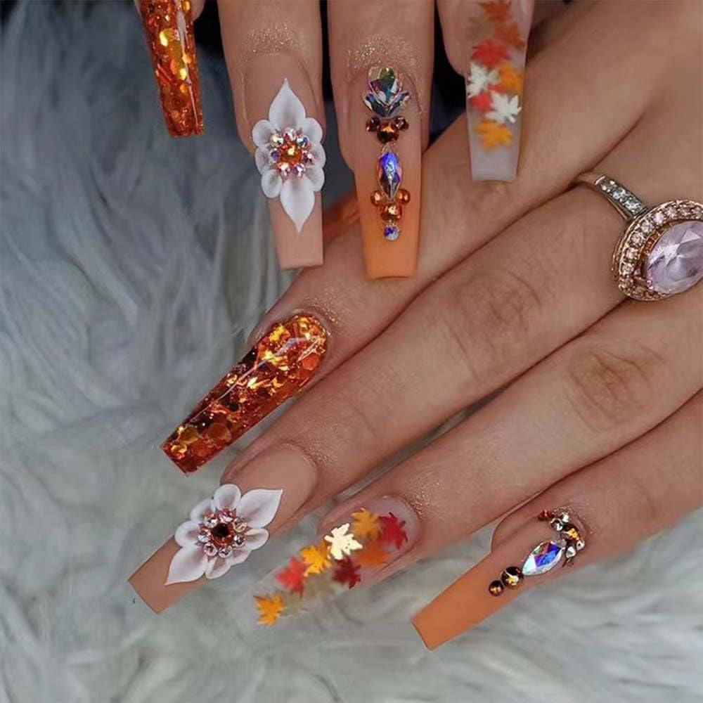 Glamorous Fall Press-On Nails - Long Coffin Design with Glitter Maple Leaf & Rhinestones - Perfect for Thanksgiving!