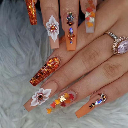 Glamorous Fall Press-On Nails - Long Coffin Design with Glitter Maple Leaf & Rhinestones - Perfect for Thanksgiving!