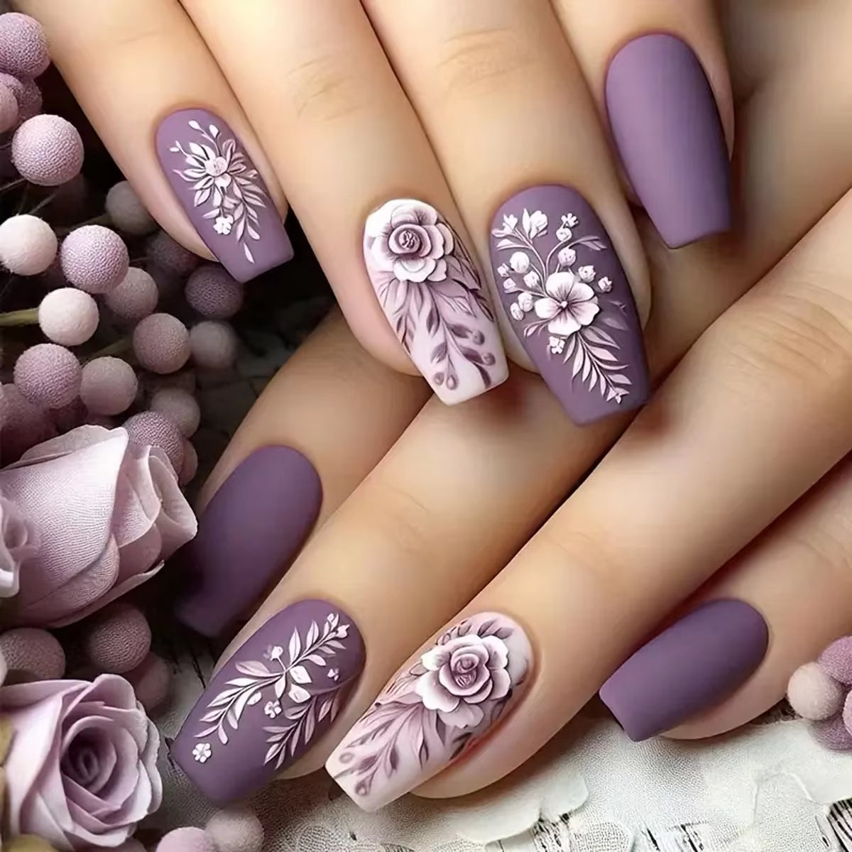 24Pcs Beautiful Floral Design Press-On Acrylic Nails - Fall & Winter Square Ballet Tips
