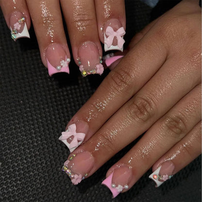 Charming 24Pcs Short French Tip Press-On Nails with Bow and Flower Design - Cute Pink Acrylic Nails with Rhinestones for Women