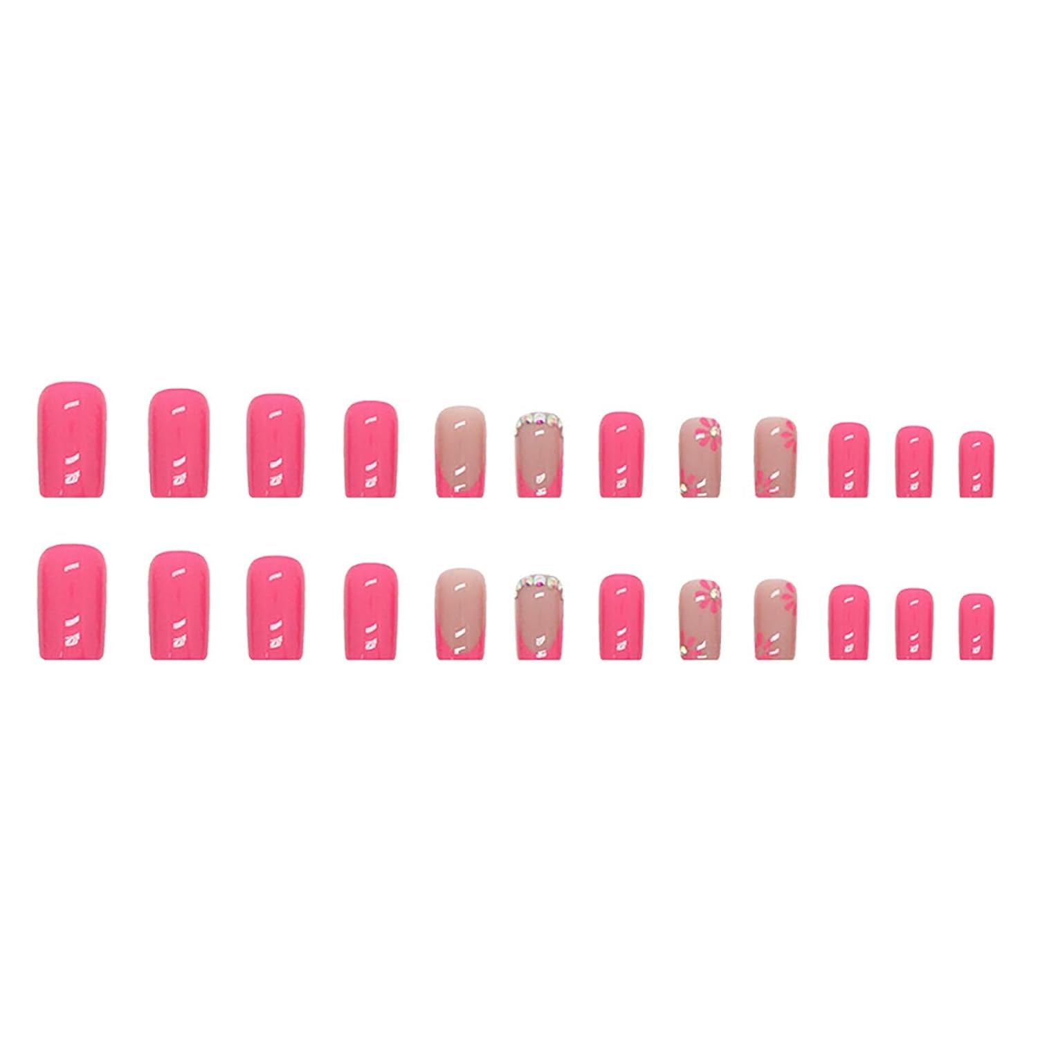 Glamorous Pink Flower Square Press-On Nails with Rhinestones - 24 Pcs Glossy Full Cover Stick-On Nails for Effortless Elegance