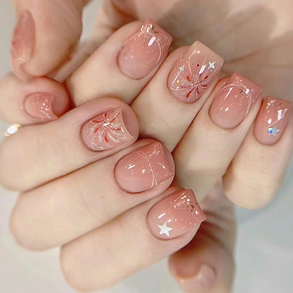 24Pcs Short Square Acrylic Press-On Nails - Pink White Ombre with Fireworks Design - Stylish Artificial Nails for Women & Girls