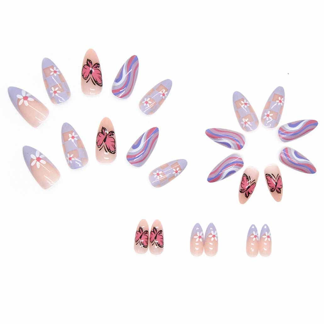 Gorgeous Butterfly Press-On Nails - Medium Almond Shape, 24 Pcs Pink Acrylic False Nails for Women and Girls